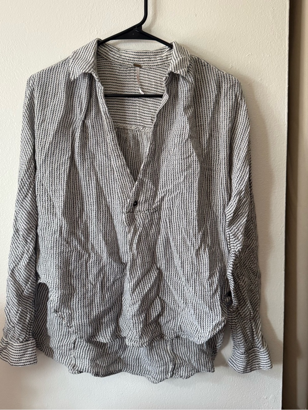 Free People Black & White Striped Casual Button-Down Shirt